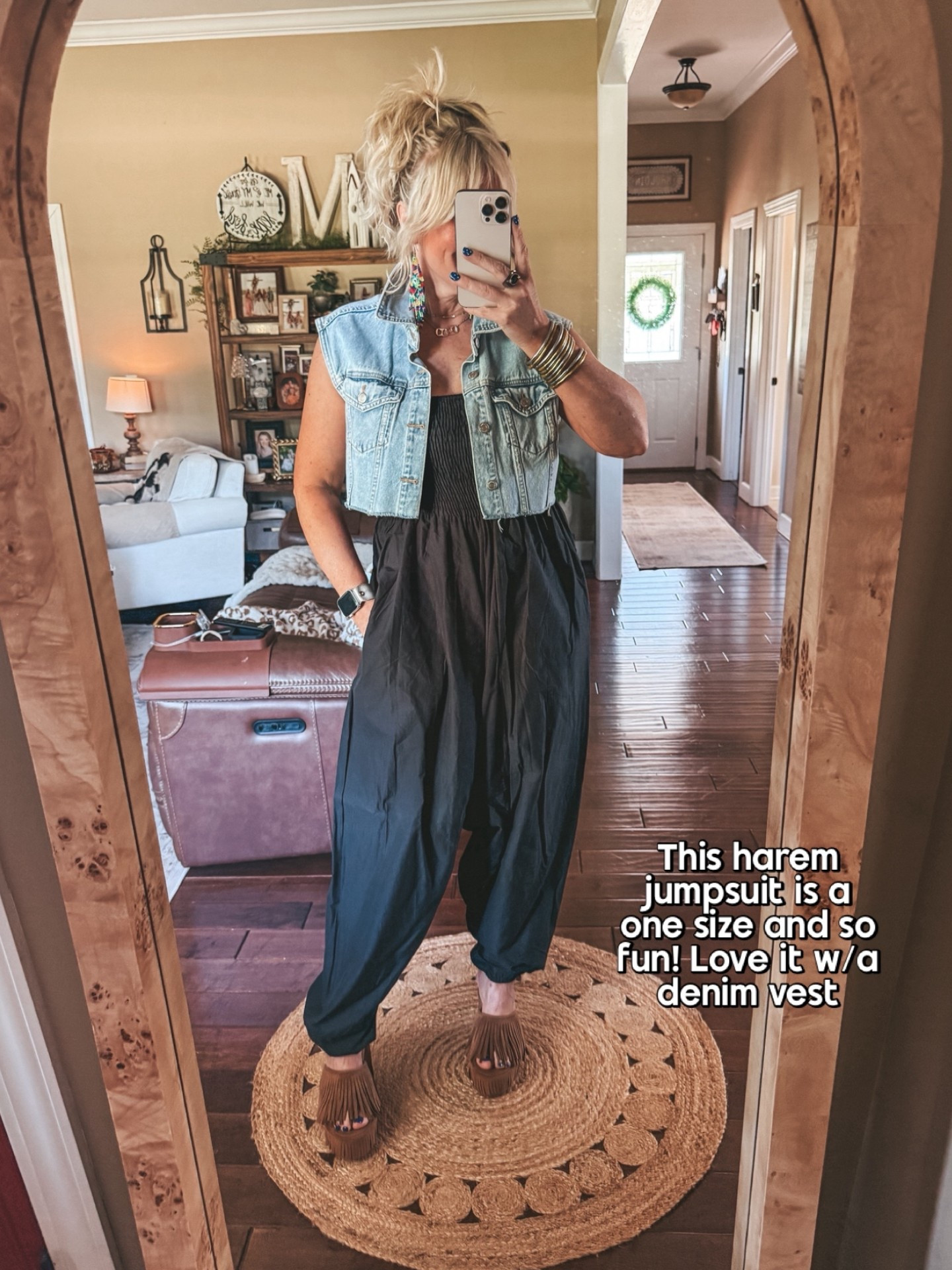 Harem jumpsuit comes in more colors and is a one size 
Denim vest is older linking similar 
Sandals run true to size 
#springoutfit #amazonfashion

#LTKOver40