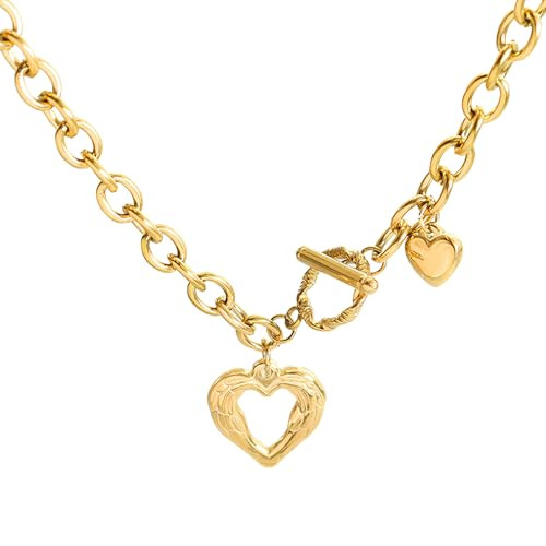 Jellecutte Gold Necklace For Women Toggle Clasp Double Heart Necklace Gold Filled Chunky Charm Necklace Statement Jewelry Gift-gold heart | Amazon (US)