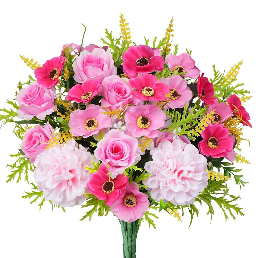 Spring Realistic Wildflower Picks - 6 Stems Faux Decorative Floral with Pink Roses, Hydrangeas, C... | Amazon (US)