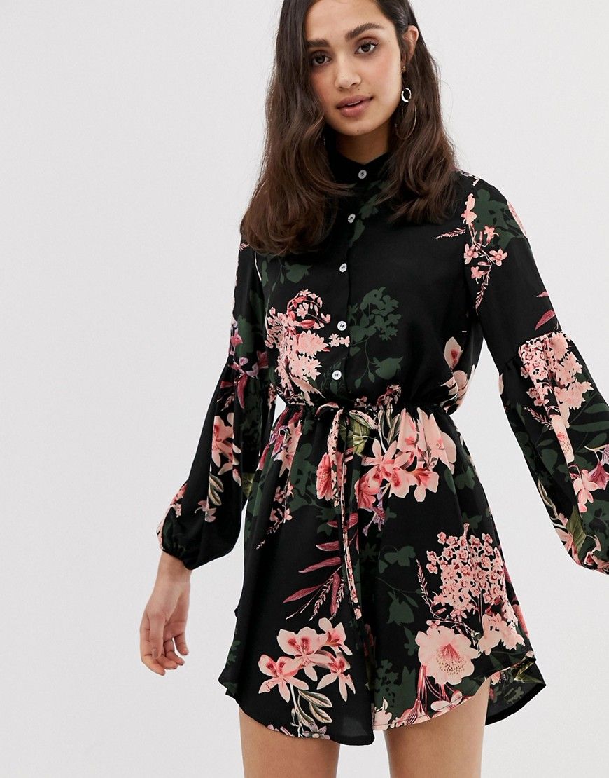 Parisian collarless shirt dress in floral print - Black | ASOS US