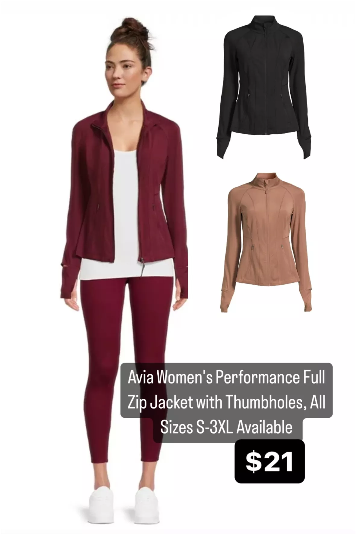 Avia Women's Performance Full Zip Jacket with Thumbholes, Sizes S-3XL 