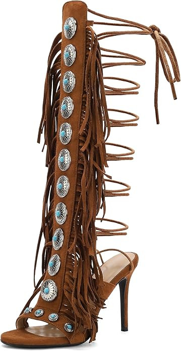 FancyQueen Gladiator Heels Knee High Heels for Women Open Toe Stiletto Suede Fringe Boots Lace up... | Amazon (US)