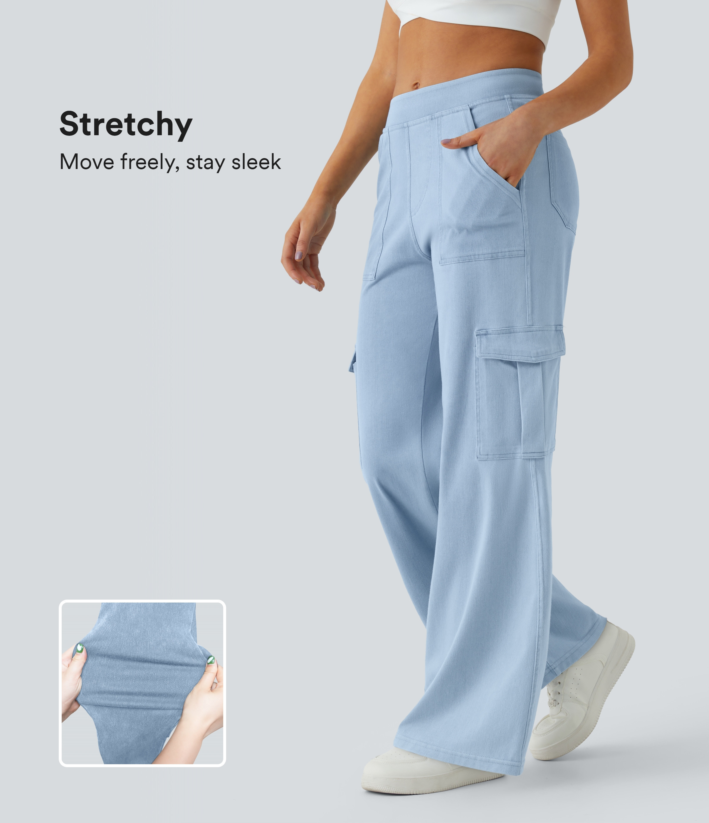 Halara Halara Flex™ Mid Rise Pockets Straight Leg Casual Cargo Jeans - Denim Cyan Blue - XS(petite) | HALARA