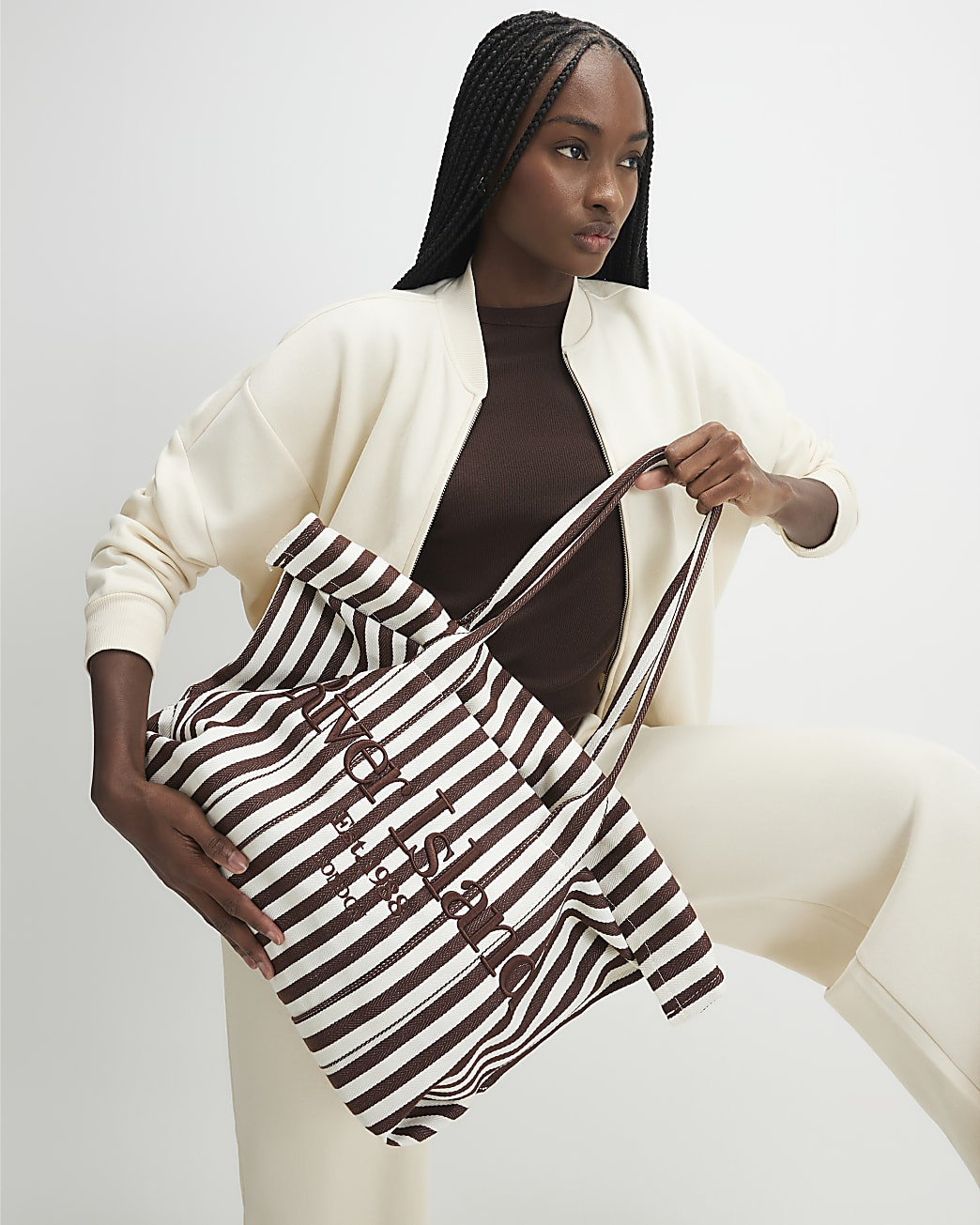Brown Striped Roll Top Shopper Bag | River Island UK & IE