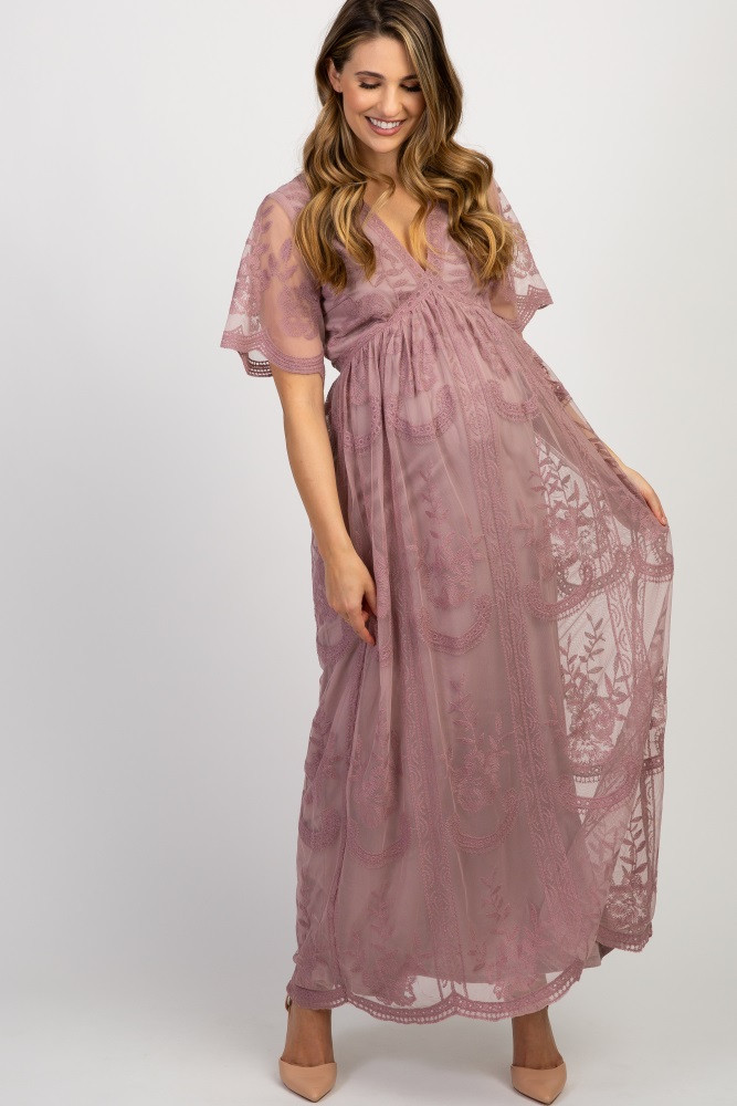 Dark Mauve Lace Mesh Overlay Maternity Maxi Dress | PinkBlush Maternity