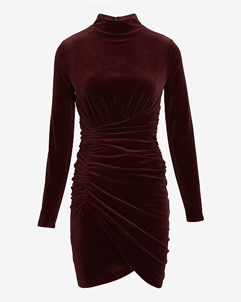 Velvet Body Contour Mock Neck Ruched Mini Dress | Express