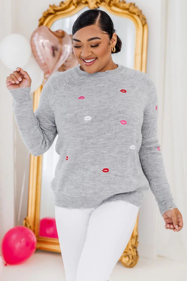 All To Myself Grey Lip Applique Sweater | Pink Lily