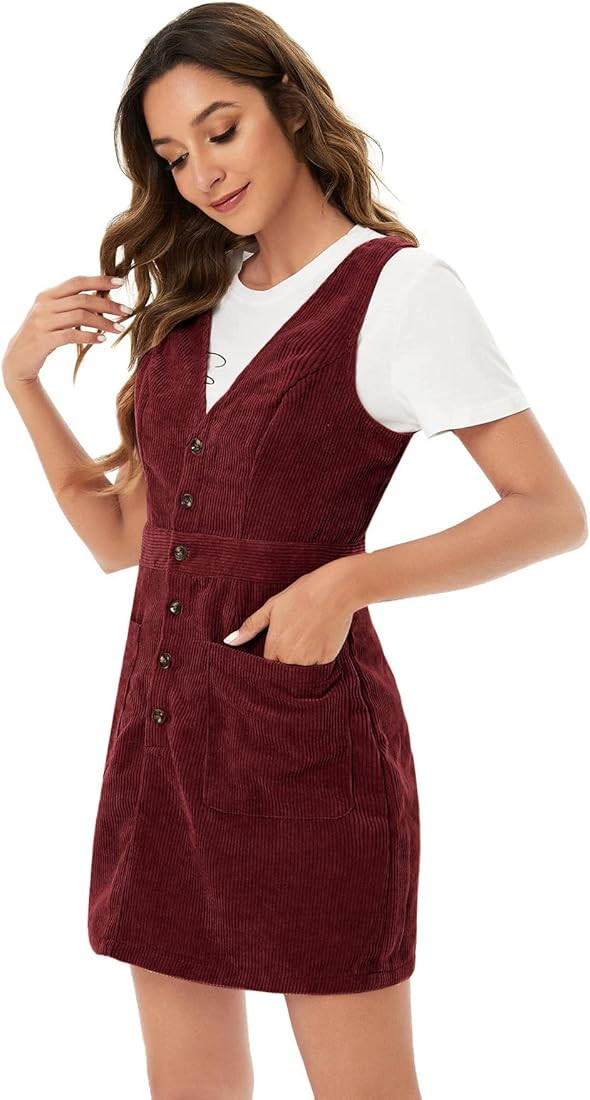 Floerns Women's V Neck Sleeveless Corduroy Button Pinafore Overall Mini Dress | Amazon (US)