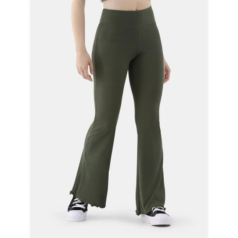 No Boundaries Ribbed Flare Pants with Lettuce-Edge Hem, 32” Inseam, Women’s - Walmart.com | Walmart (US)