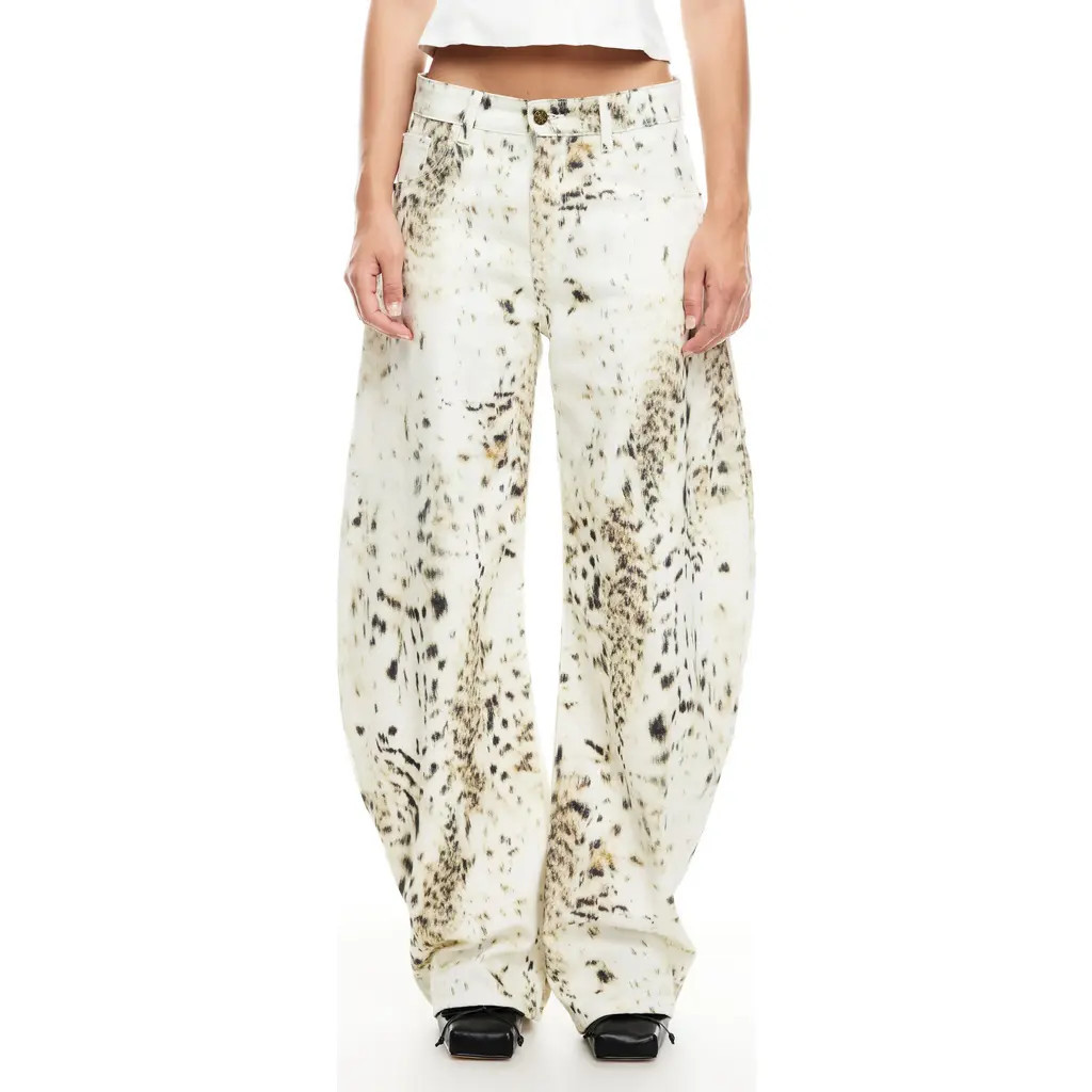 LIONESS Horseshoe Print Barrel Leg Jeans in Snow Leopard at Nordstrom, Size X-Large | Nordstrom