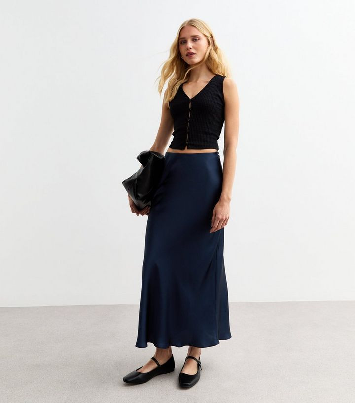 Navy Satin Midi Skirt | New Look | New Look (UK)