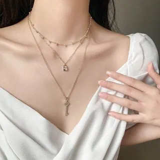Set of 3: Rhinestone Key / Lock Pendant Necklace / Choker Set of 3 - Necklace - Gold - One Size | YesStyle Global