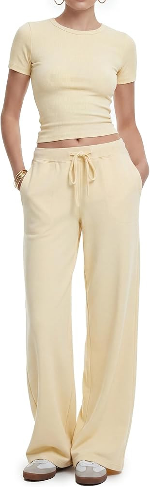 Women's 2 Piece Set Soft Lounge Sets Short Sleeve Slim Tops and High Waisted Wide Leg Pants Outfi... | Amazon (US)