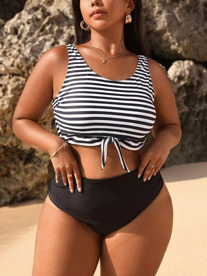 SHEIN Swim Vcay Summer Beach Plus Size Striped Color Block Knot Bra & Ruched Bikini Bottom Swimsu... | SHEIN