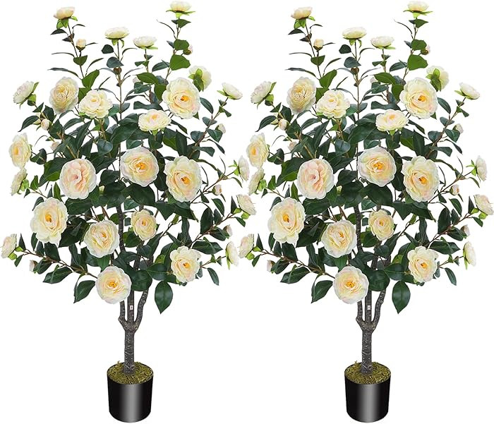 3.6FT Artificial Camellia Fake Tree, Artificial Plants & Flowers with 32 Yellow Pink Flowers for ... | Amazon (US)