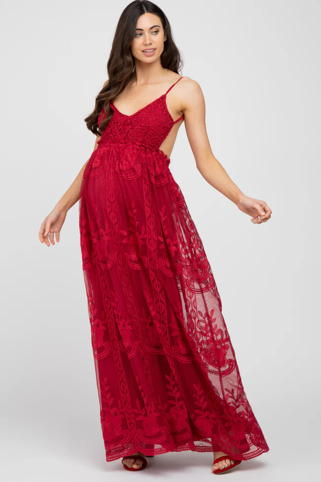 Burgundy Crochet Lace Open Back Maternity Maxi Dress | PinkBlush Maternity