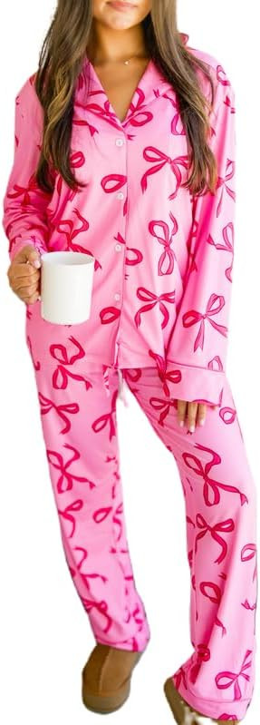 ROAONOCOMO Valentine Days Bow Print 2 Pieces Loungewear Set Holiday Bowknot Long Sleeve Button Up... | Amazon (US)
