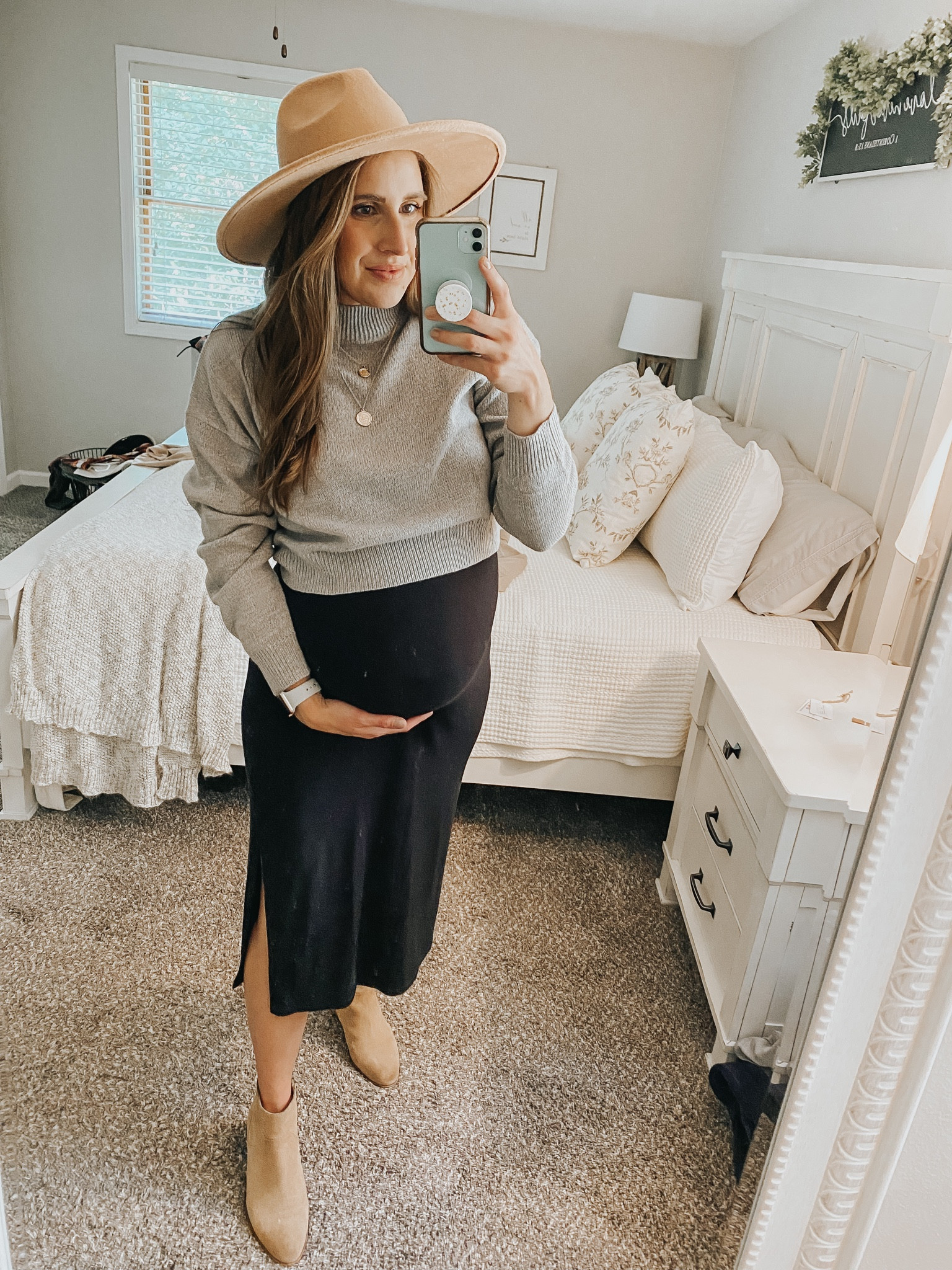 Fall outfit. Maternity. Bump friendly. Cropped sweater. Mock neck sweater. Midi dress. Black dress. Black midi dress. Mules. Fedora. Hat. Pregnancy friendly. 

#LTKbump #LTKSale #LTKSeasonal