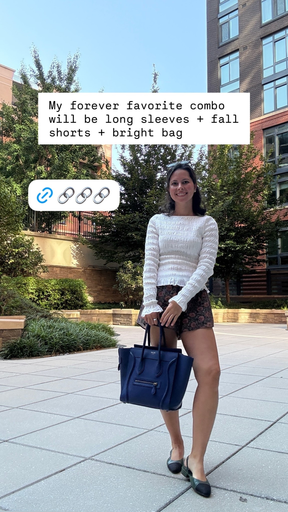 @hillhouse  My forever favorite combo will be long sleeves + fall shorts + bright bag