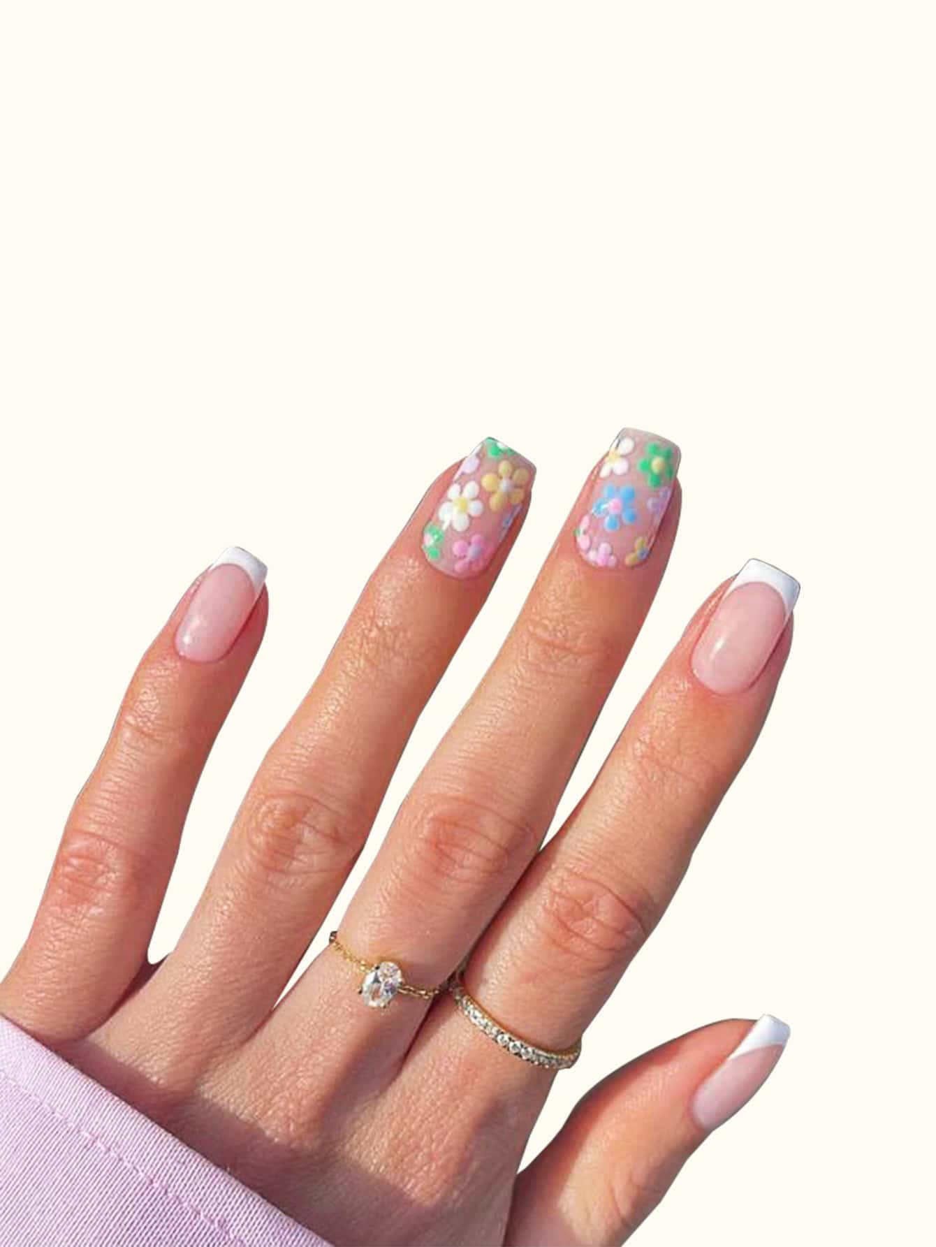 24pcs Flower Print Fake Nail & 1sheet Tape & 1pc Nail File | SHEIN