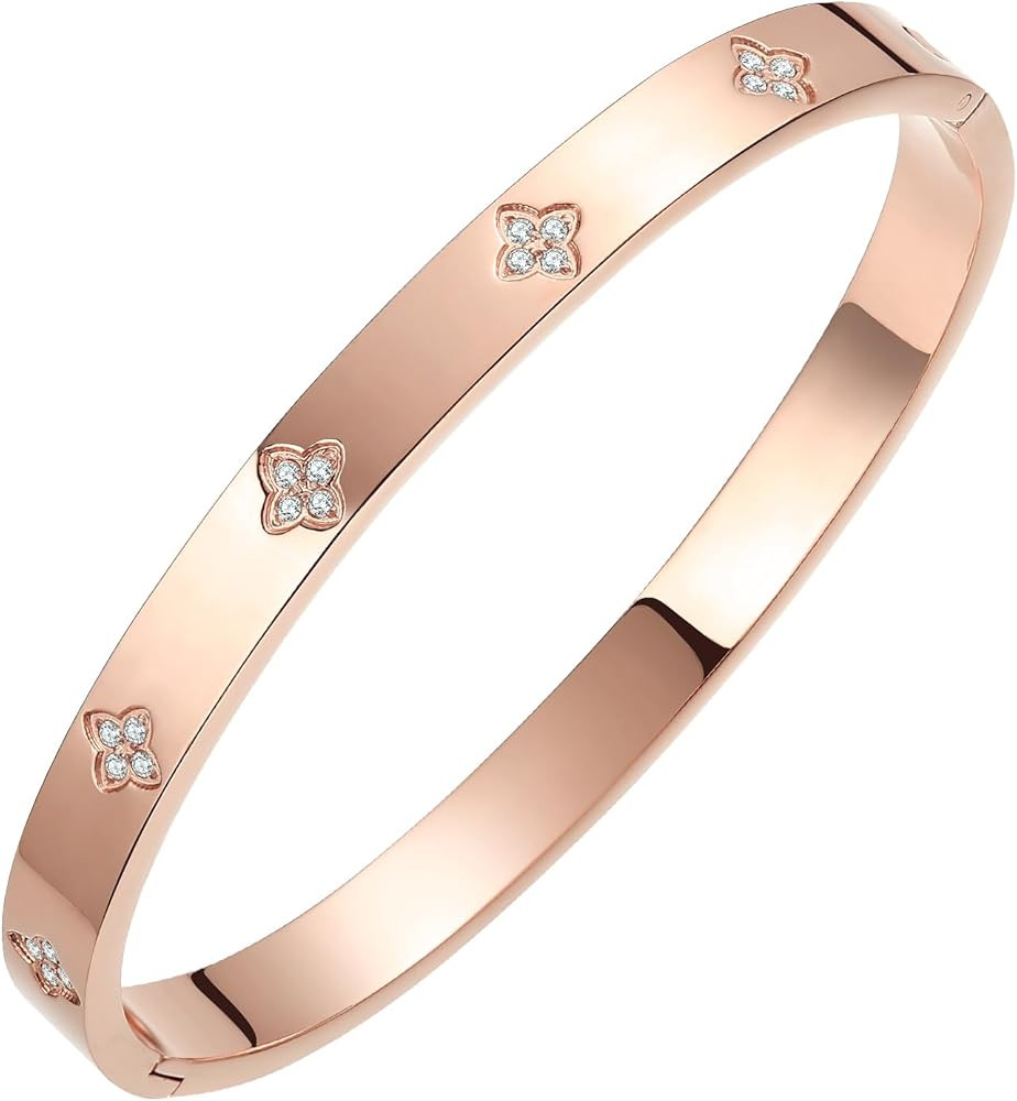 Gold Plated Bangle Bracelets for Women Four Leaf Clover Lucky Love Cubic Zirconia Bracelet | Amazon (US)