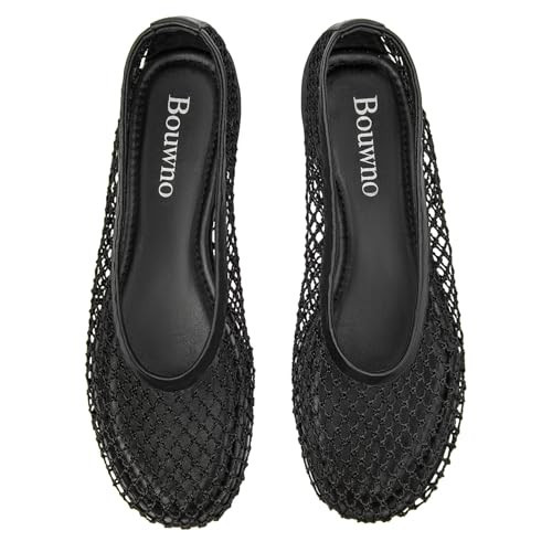 Bouwno Mesh Ballet Flats for Women Round Toe Woven Mesh Flats Slip on Ballet Shoes Comfy Casual Office Summer Fishnet Ballerina Flat Shoes Black | Amazon (US)