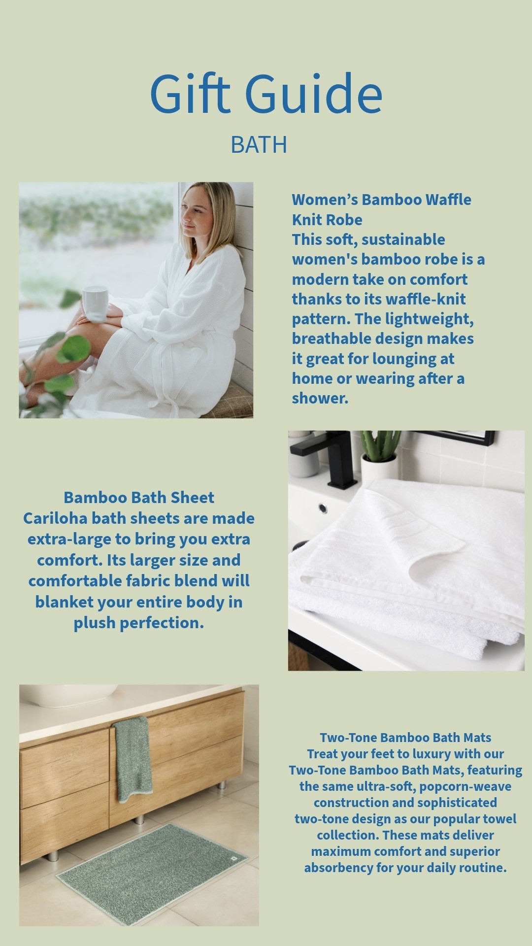 Holiday cozy level: upgraded. 🛁✨
Cariloha Cozy Gift Guide — today we’re diving into BATH must-haves that turn your everyday routine into a spa moment.

Cariloha’s bamboo bath essentials are ultra-soft, sustainable, and truly next-level comfort. Their Black Friday event runs Nov 26–30, and you can use my exclusive code MCKENNA40 for 40% off during the campaign.

Here’s what’s featured in this collage:

⸻

🛁 Bath Essentials — Luxe, Soft + Eco-Friendly

• Women’s Bamboo Waffle Knit Robe
A lightweight, breathable, sustainable robe with a modern waffle-knit texture. Perfect for lounging, slow mornings, or slipping into after a hot bath.

• Bamboo Bath Sheet
Made extra-large for extra comfort. This plush, soft bamboo-viscose bath sheet blankets your entire body in spa-level softness.

• Two-Tone Bamboo Bath Mats
Ultra-soft popcorn-weave construction meets sophisticated two-tone design. Maximum comfort + superior absorbency for your daily routine.

⸻

@cariloha
#livecariloha
#gifted 

#LTKHome #LTKGiftGuide #LTKSaleAlert