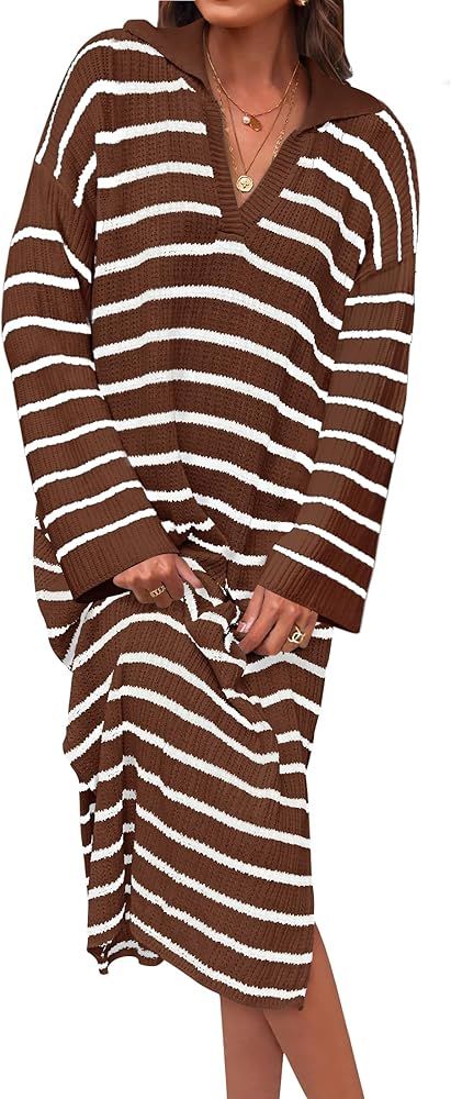 ZESICA Women’s Fall Striped Sweater Dresses 2024 Casual Long Sleeve Lapel V Neck Knit Side Slit... | Amazon (US)