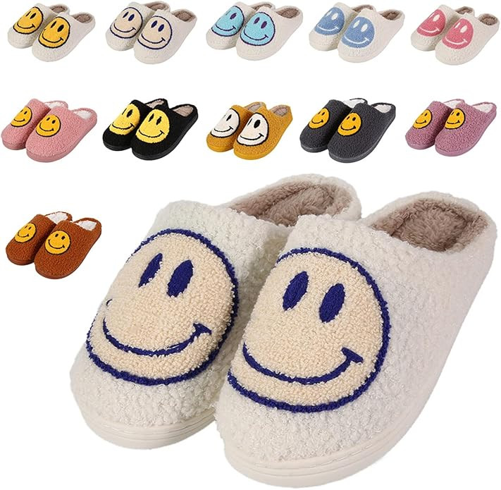Smiley Face Slippers for Women and Men Retro Soft Fluffy Warm Home Non-Slip Couple Style Casual S... | Amazon (US)