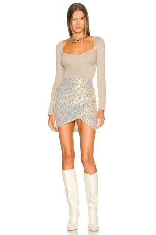 Dancing Queen Skirt | Champagne Gold Sequin Skirt Outfit | Sequin Mini Skirt | White Boots Outfit | Revolve Clothing (Global)
