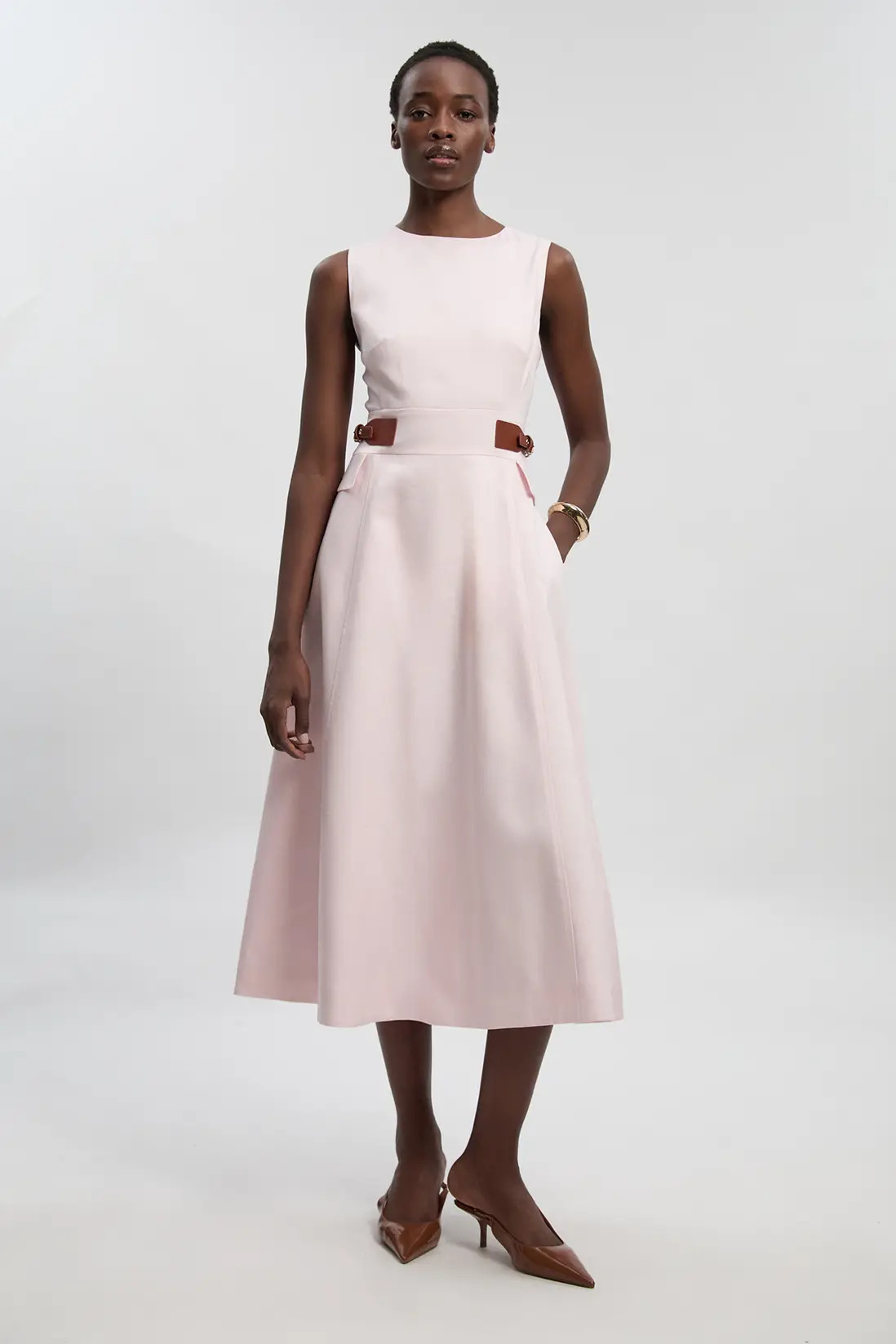 Tailored Linen Tab Waist Detail Full Skirt Midi Dress | Karen Millen