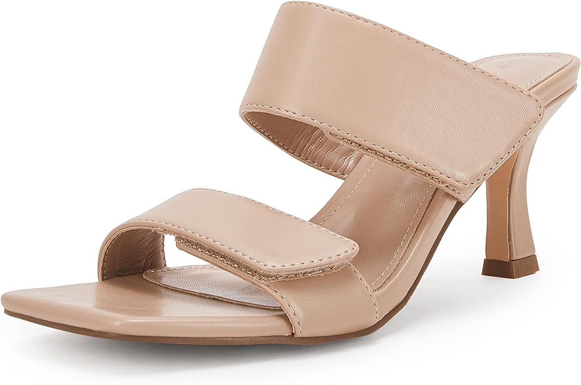 Ermonn Womens Two Strap Heeled Sandals Velcro Slip On Square Open Toe Stiletto Faux Leather Backl... | Amazon (US)