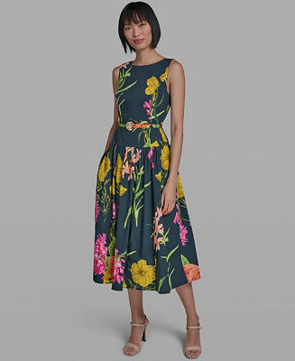 Women's Boat-Neck Belted Sleeveless Dress | Macy's