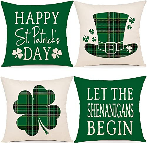 YCOLL St Patricks Day Decorations Throw Pillow Covers 18x18 Set of 4 Scottish Tartan Plaid St Patricks Day Hat Farmhouse Classic Decorative Square Cushion Cases for Sofa Couch | Amazon (US)