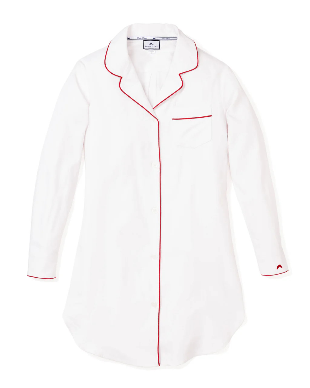 Women's White Twill Nightshirt with Red Piping | Petite Plume