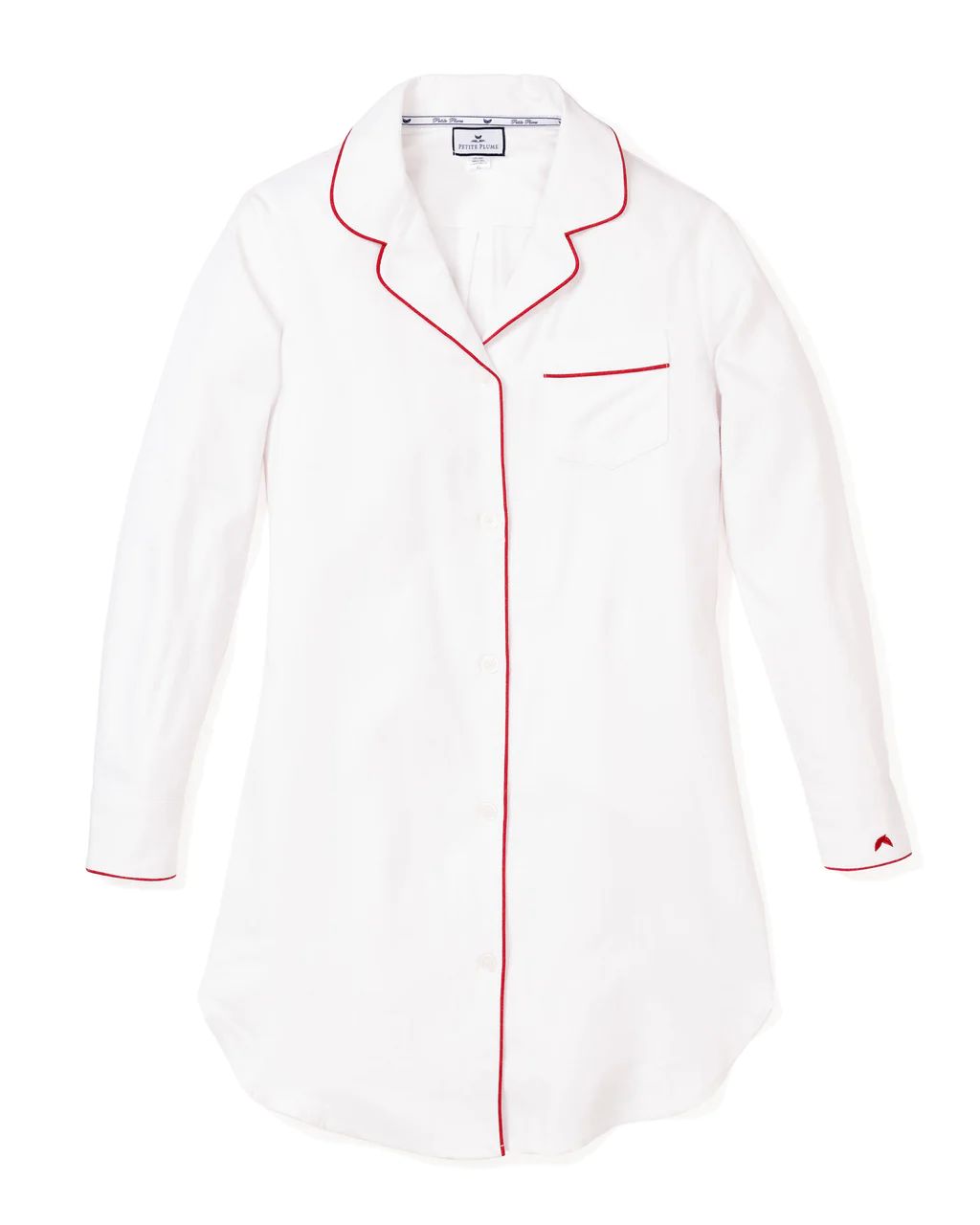 Women's White Twill Nightshirt with Red Piping | Petite Plume