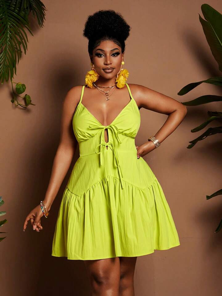 Maweii Plus Size Women Elegant Vacation Style Solid Color V-Neck Tie Waist Asymmetrical Ruched A-Line Mini Dress, Spring/Summer | SHEIN