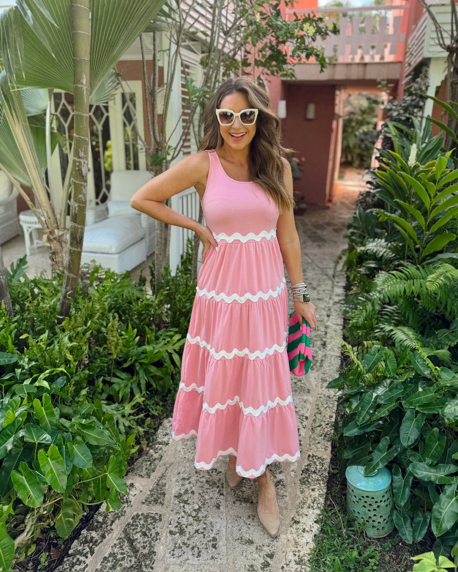 In a small pink maxi with white rick rack trim detail, tie up espadrille wedges, bag, sunglasses and accessories for birthday beach resort outfit - all fits TTS.

#LTKshoecrush #LTKSeasonal #LTKstyletip