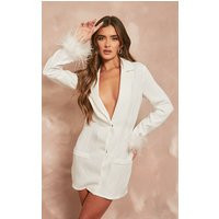 White Cut Out Detail Feather Sleeve Blazer Dress | PrettyLittleThing US
