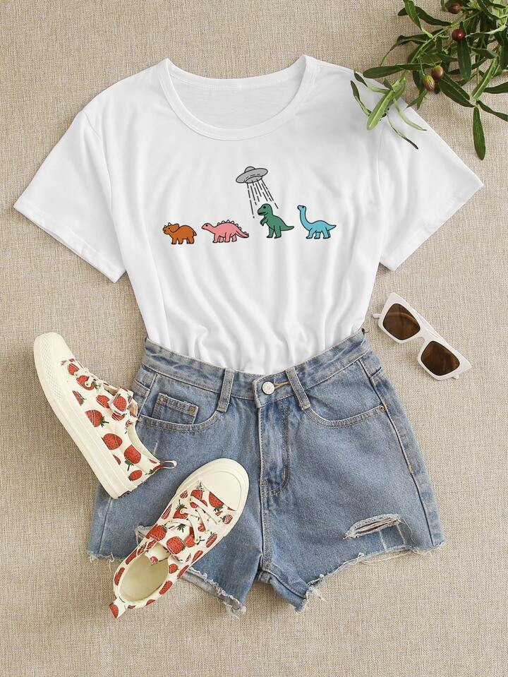 SHEIN EZwear Dinosaur Graphic Short Sleeve Tee | SHEIN