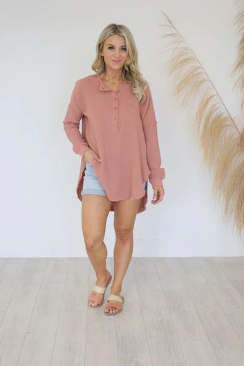 Devoted Hearts Terracotta Henley Gauze Blouse | Pink Lily