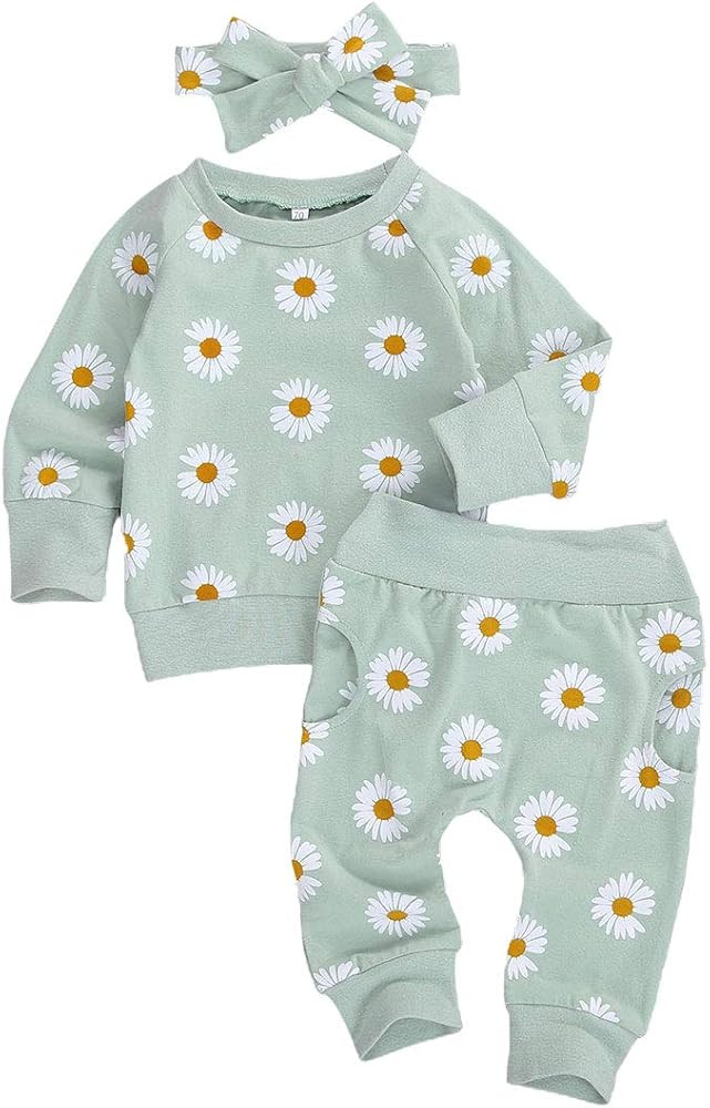 3Pcs Baby Girl Outfits Daisy Sweatshirt + Pants + Headband Infant Fall Winter Clothes | Amazon (US)
