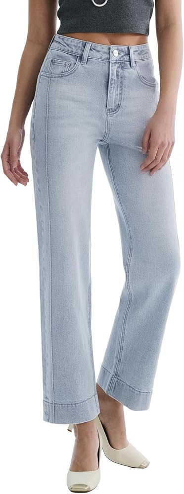 Women’s Straight Leg Jeans High Waisted Cropped Trendy Jeans Wide Leg Zipper Denim Pants | Amazon (US)