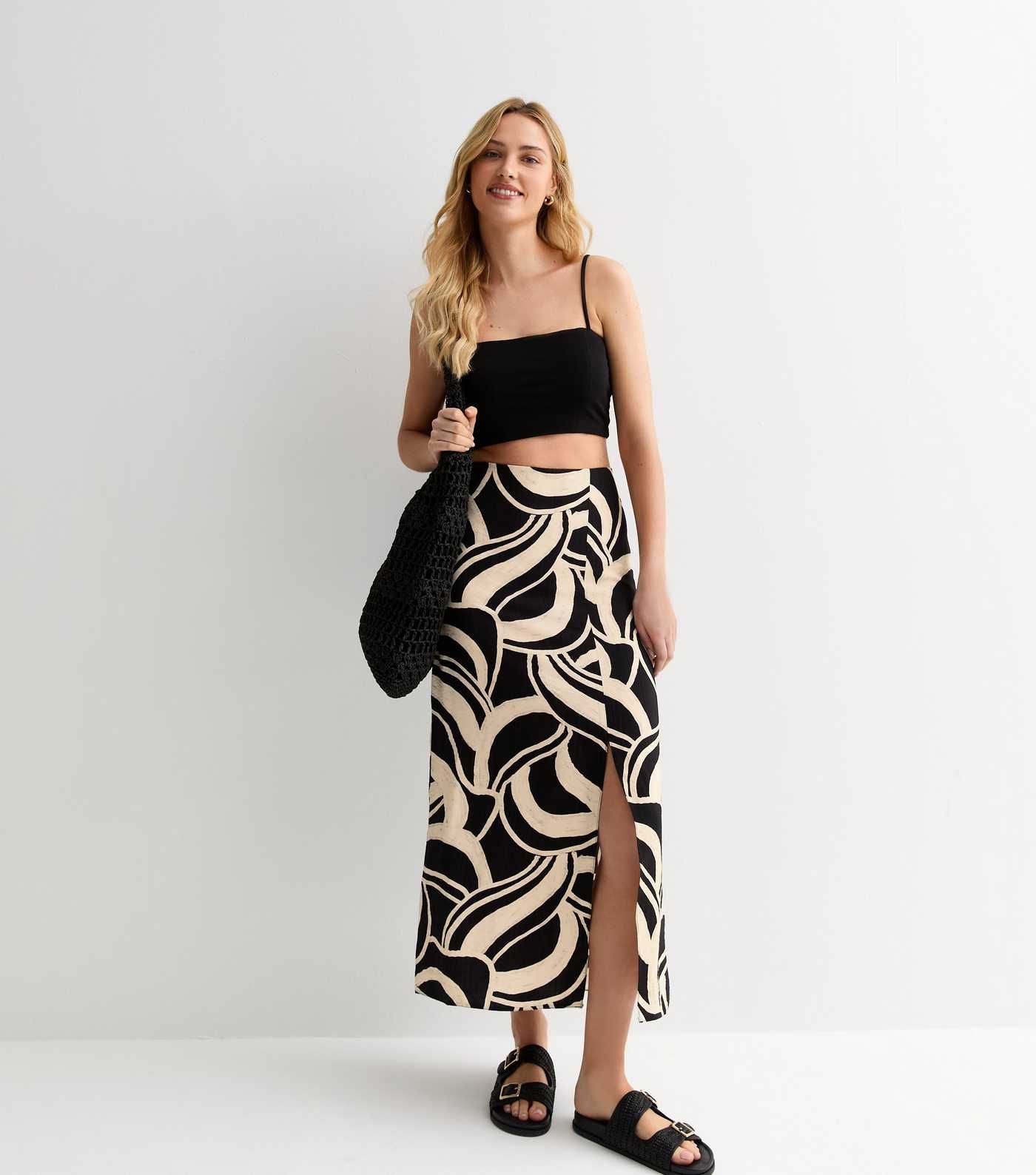 Black Abstract Print Split Front Midi Skirt | New Look | New Look (UK)