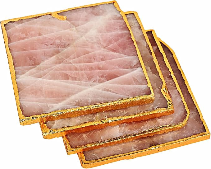 Kaya Crystals Rose Quartz Décor Coaster, Natural Pink Crystal Coasters Gold Edge Set of 4 (Squar... | Amazon (US)