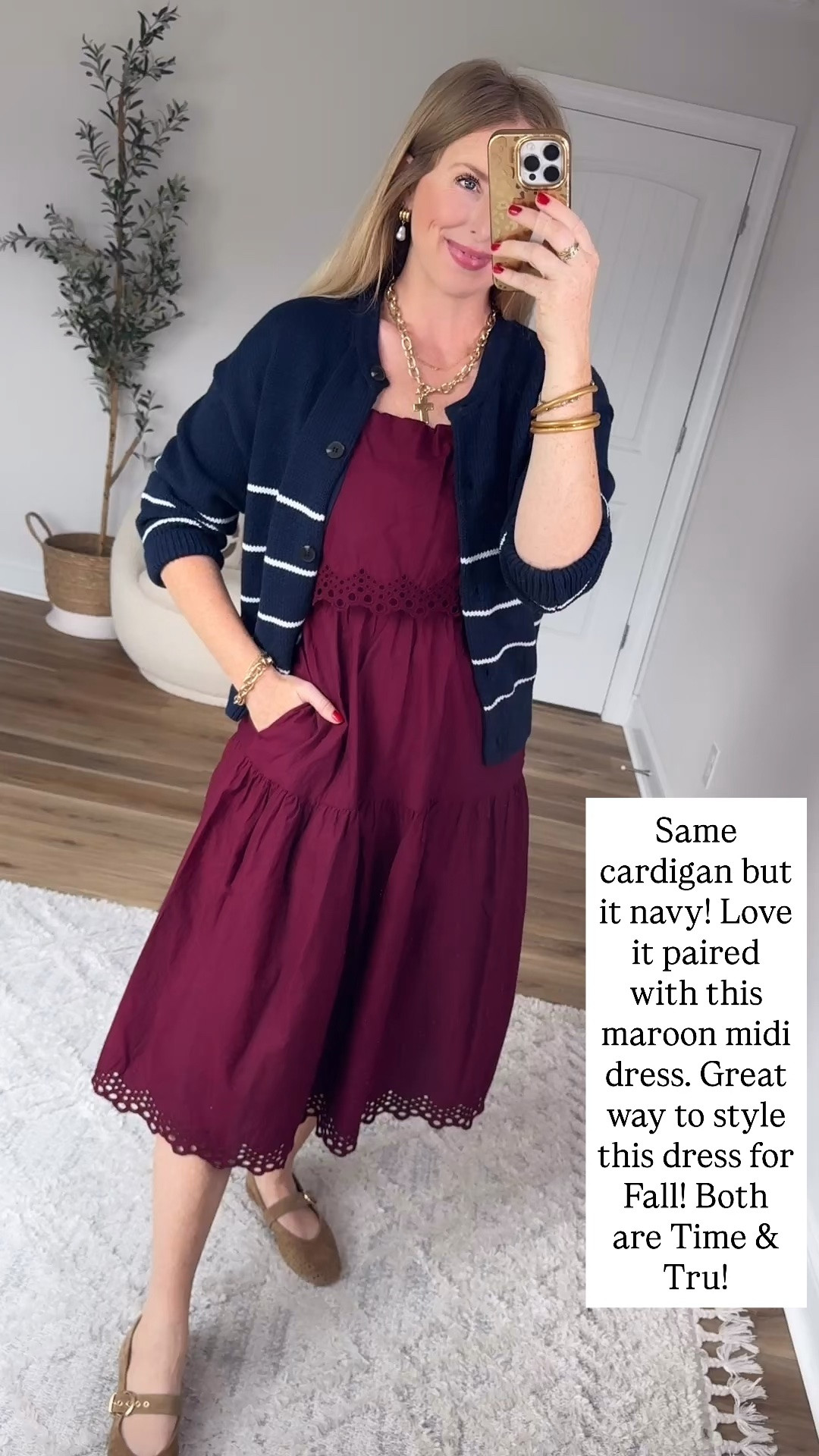Walmart style, Walmart try on, time and tru, lace trim midi dress, navy striped cardigan

#LTKootd