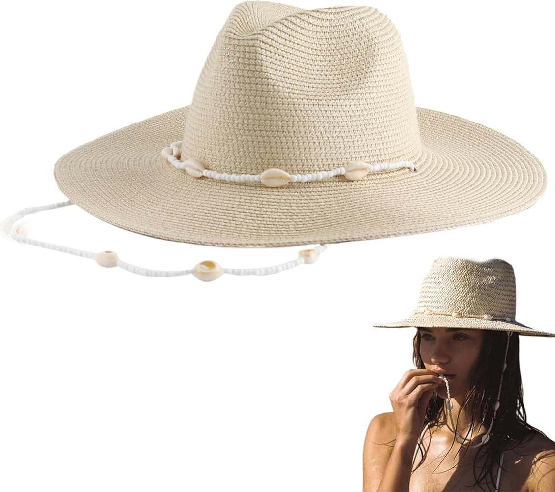 Womens Sun Hat with Seashell Beaded Chain Wide Brim Hats for Women Sun Protection Straw Hat | Amazon (US)
