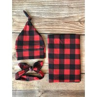 Red & Black Buffalo Plaid Swaddle Set, Checker, Plaid, Wrap, With Hat Bow | Etsy (US)
