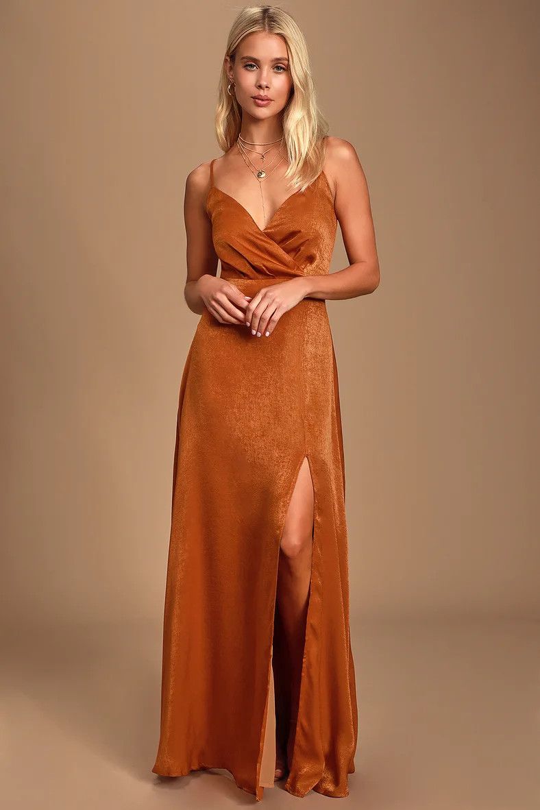 Constantine Rust Orange Satin Maxi Dress Fall Bridesmaids Dress Fall Wedding Inspo | Lulus (US)