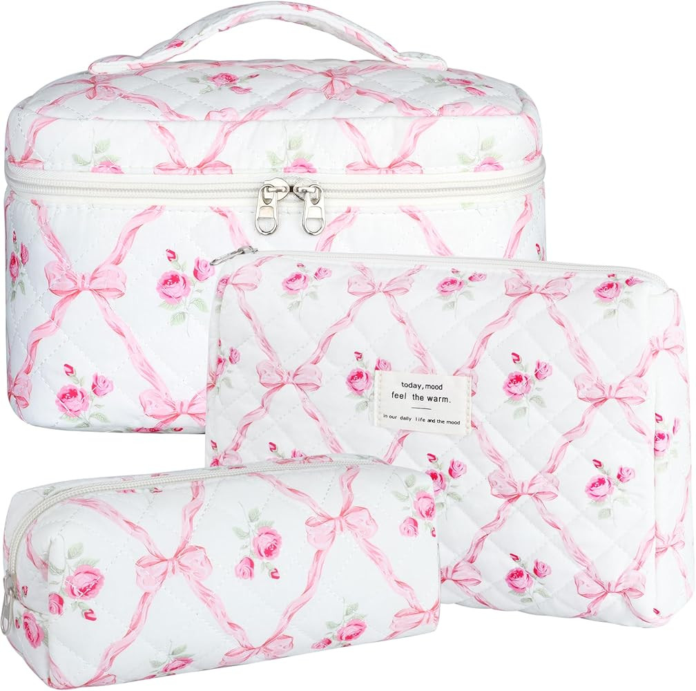 Quilted Makeup Bag Set, 3Pcs Large Checkered Corduroy Cosmetic Bags, CuteFloral Cotton Coquette M... | Amazon (US)